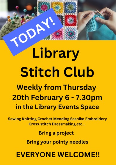 Library Stitch Club flyer with examples of needlework