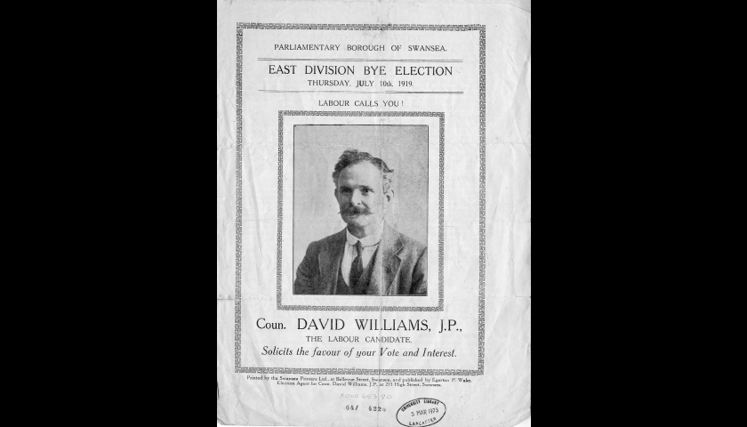 Swansea 1919 Bye Election poster showing candidate Councillor David Williams.