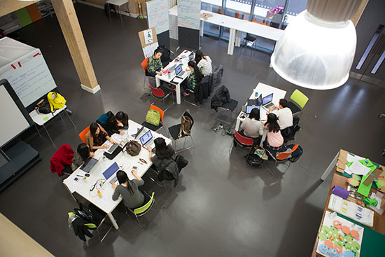 Arial view of students working in groups