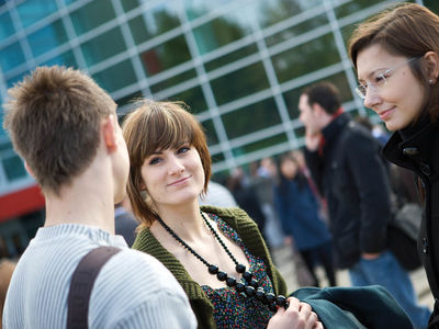 students outside lecture theatre