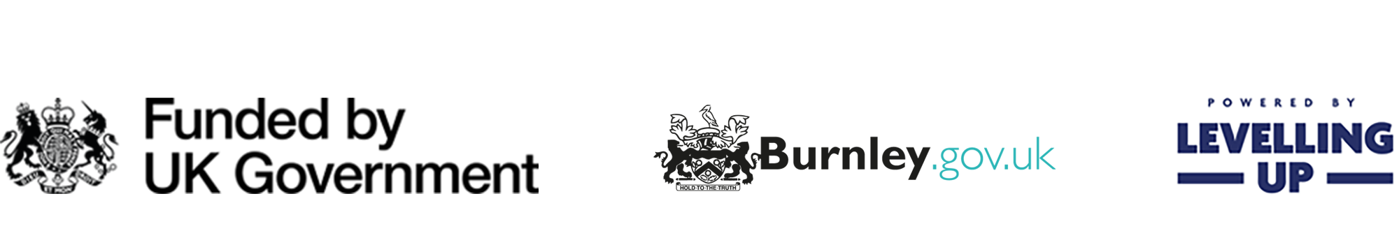 Partner logos include: Funded by UK Government, Levelling Up and Burnley Borough Council