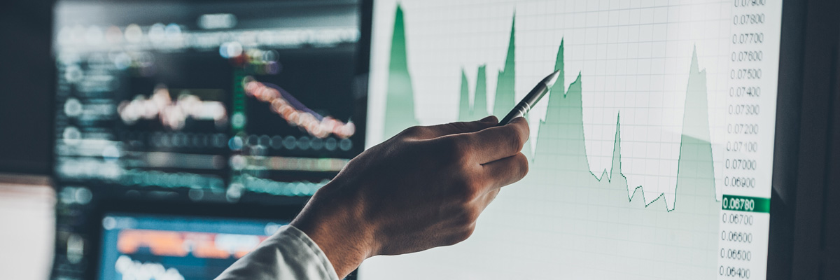 A hand pointing at a graph on a computer screen