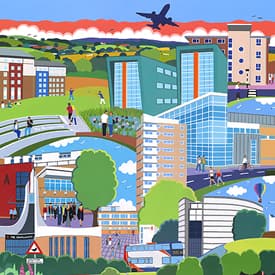 Chas Jacobs painting of campus