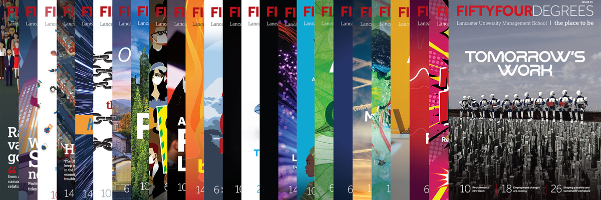 A display of 54 degrees magazine covers