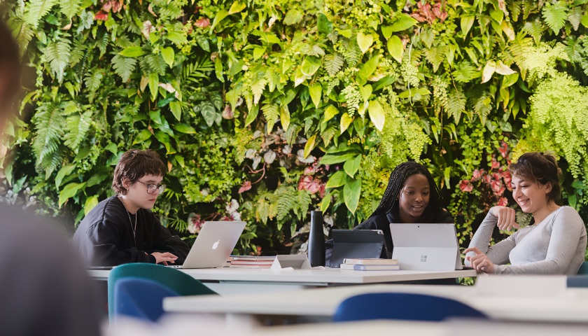 Students by the green wall in the Library