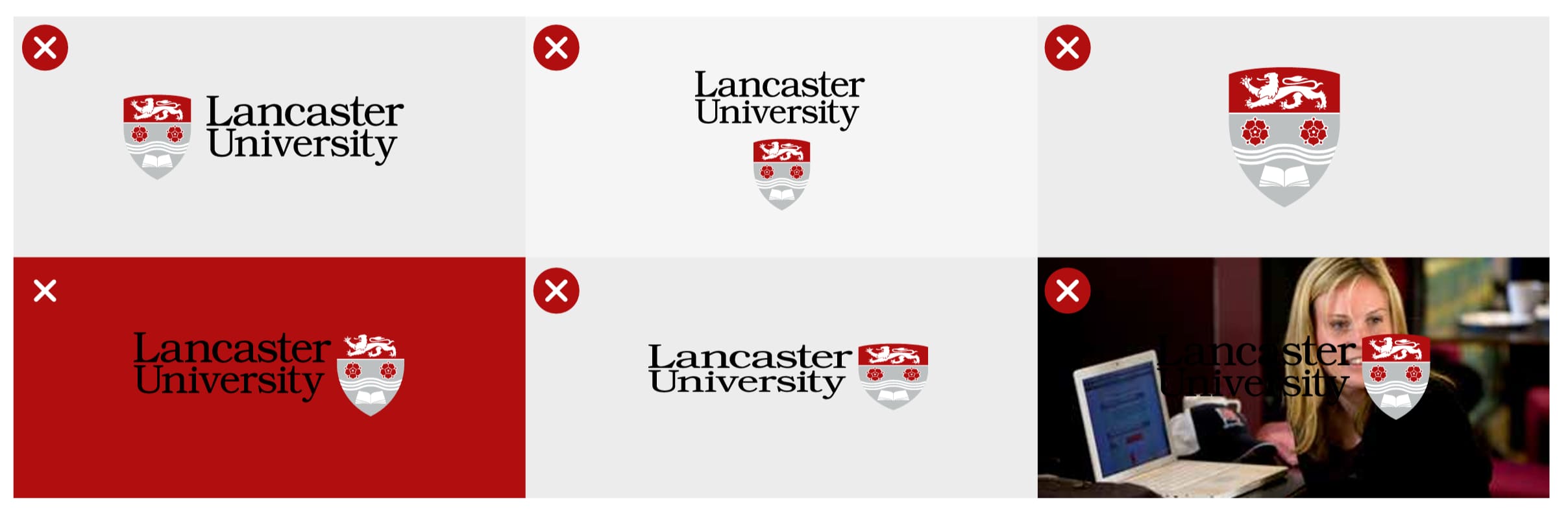 An image with 6 examples of misuse of the logo