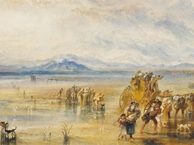 Period water painting showing people crossing Morecambe Bay