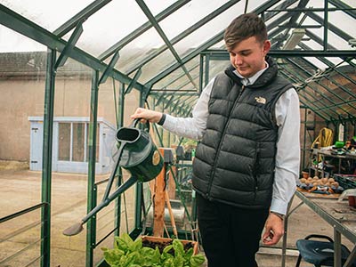 Boy in a greenhouse watering plants with a watering can