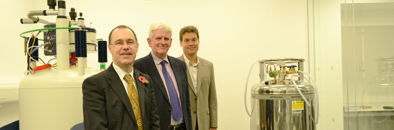 Vice-Chancellor of Lancaster University Professor Mark E. Smith with HProfessor Peter Fielden and Professor David Middleton in the new NMR Laboratory.

