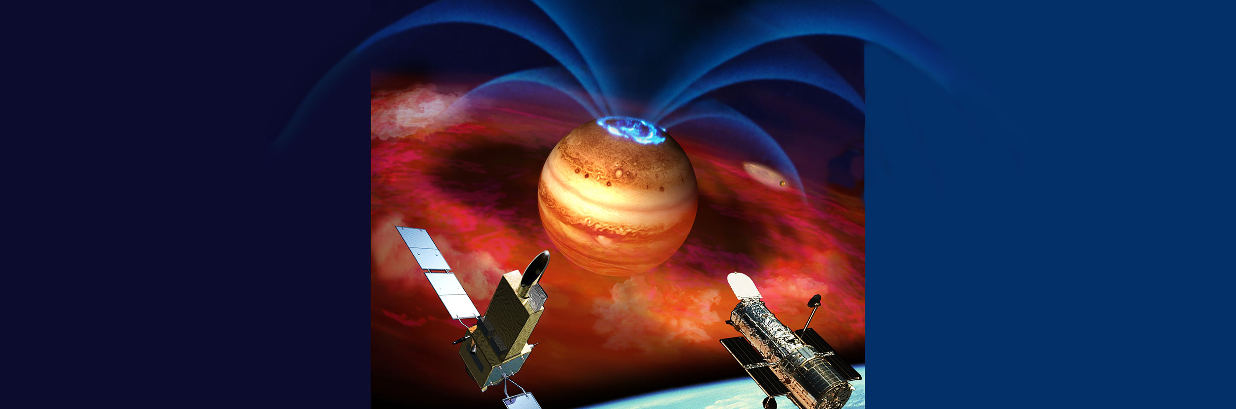An artist's illustration incorporating new Hubble observations of aurora at Jupiter 

