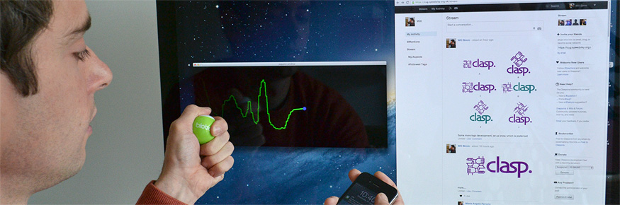 Dr Will Simm with the device which creates an onscreen stress chart as well as linking to a social network 