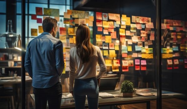 Two people standing in front of a board full of post it notes