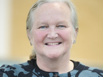 Professor Jan Bebbington, a smiling woman in blue and black top in front of a dark yellow background