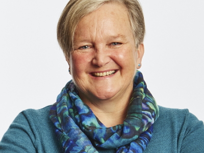 Woman in turquoise top, wearing scarf in multiple shades of blue, smiling: Professor Jan Bebbington