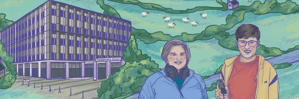 Illustration of Jan Bebbington and Paul Turner. Artwork by Emily Peet.