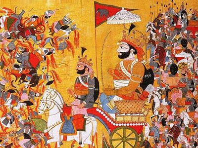 A royal person holding a bow on a horse-drawn carriage surround by an army at war.