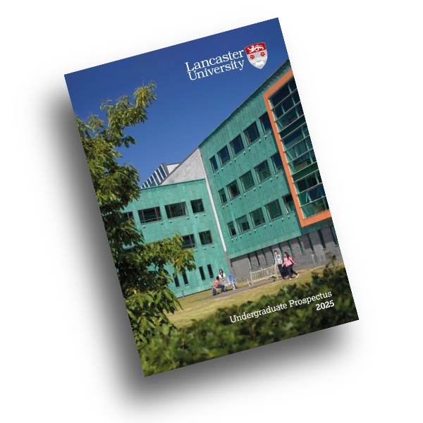 The cover of Lancaster's 2025 undergraduate prospectus, showing a campus scene