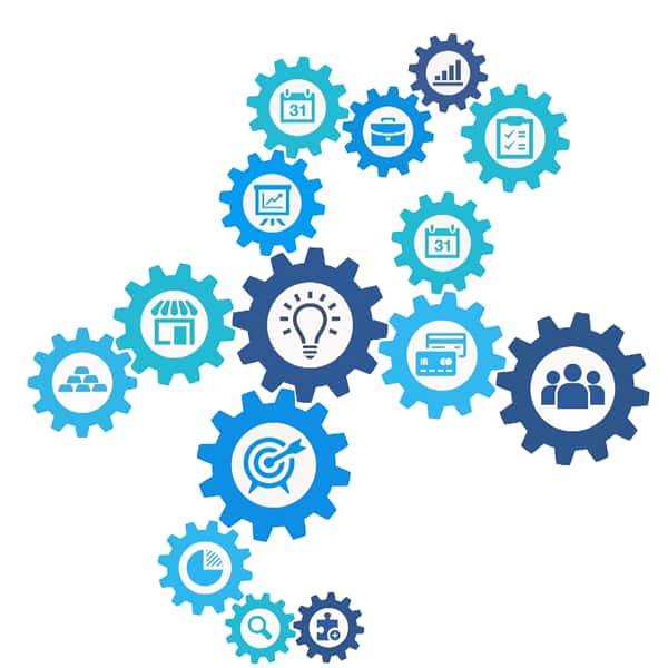 Cogs connected with icons suggesting ideas and collaboration.