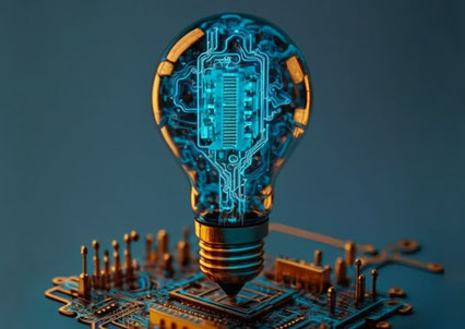 A picture of a lightbulb with a circuit board inside it