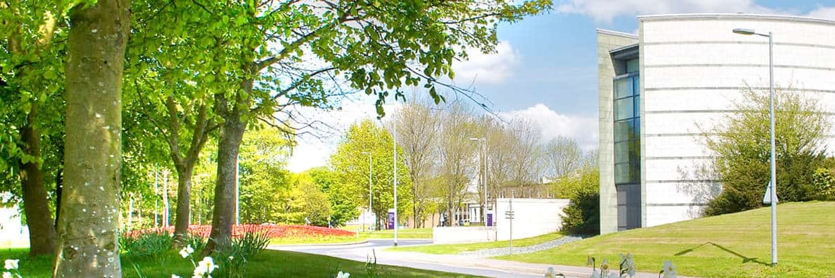 Spring flowers, grass and trees frame the Ruskin Library on campus.