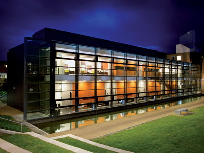 Picture of Lancaster's Maths and Stats building at night