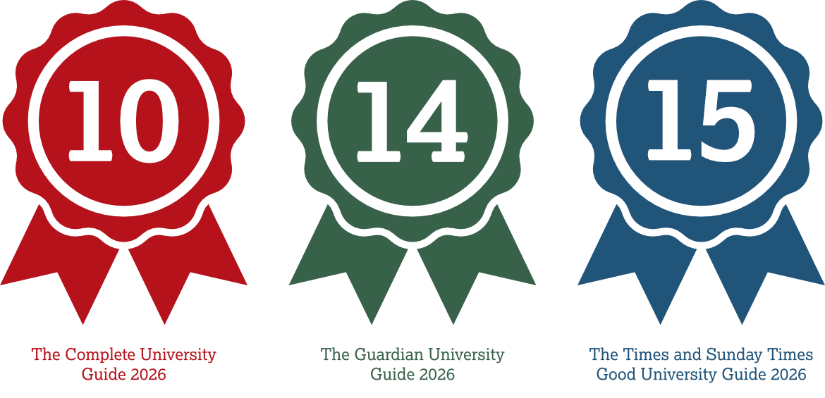 Three coloured rosettes describe Lancaster's rankings. The rosettes read: Joint 10th in the Complete University Guide 2025; 11th in the Guardian University Guide 2025; 12th in the Times and Sunday Times Good University Guide 2025.