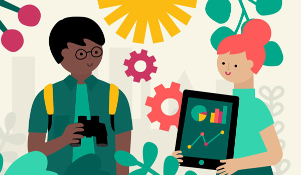 An illustration with people exploring against a bsckground of colourful flowers 