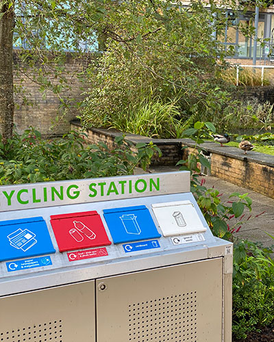 Waste recycling point on campus.