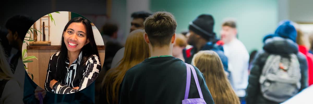 Student profile over an image taken during Freshers Fair on campus