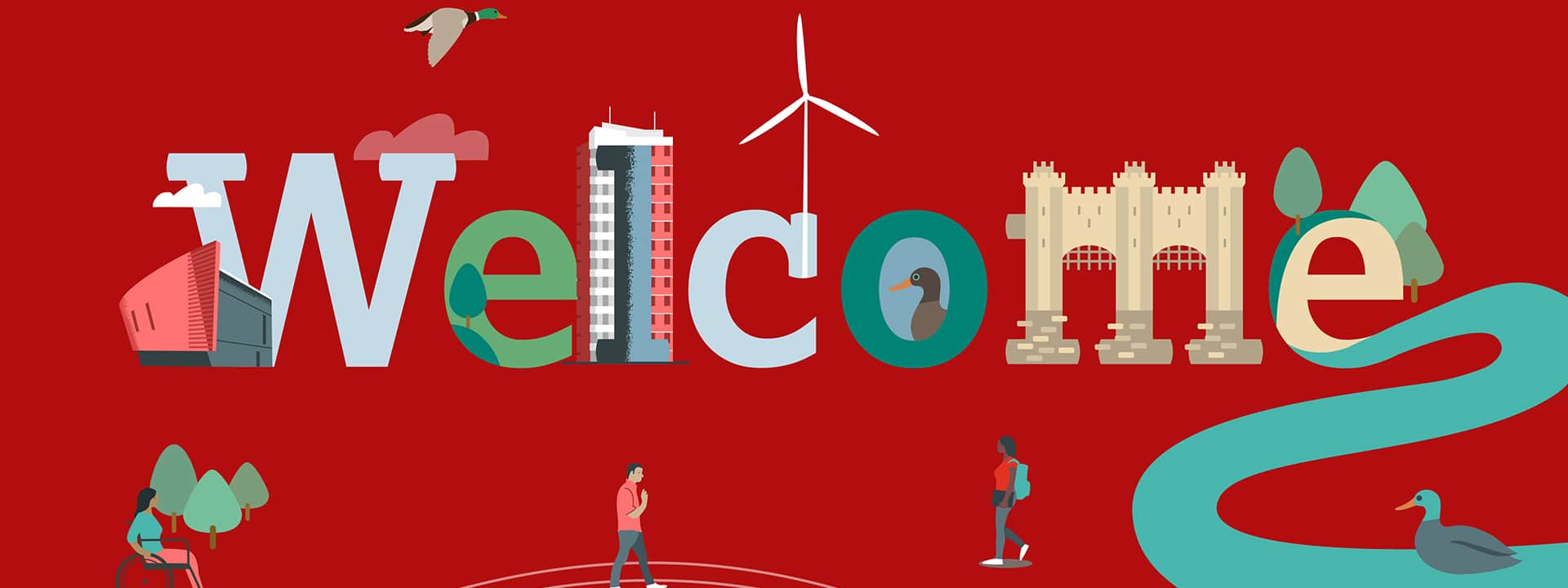 A graphic saying 'Welcome' with the letters made up of different buildings from the campus and city.