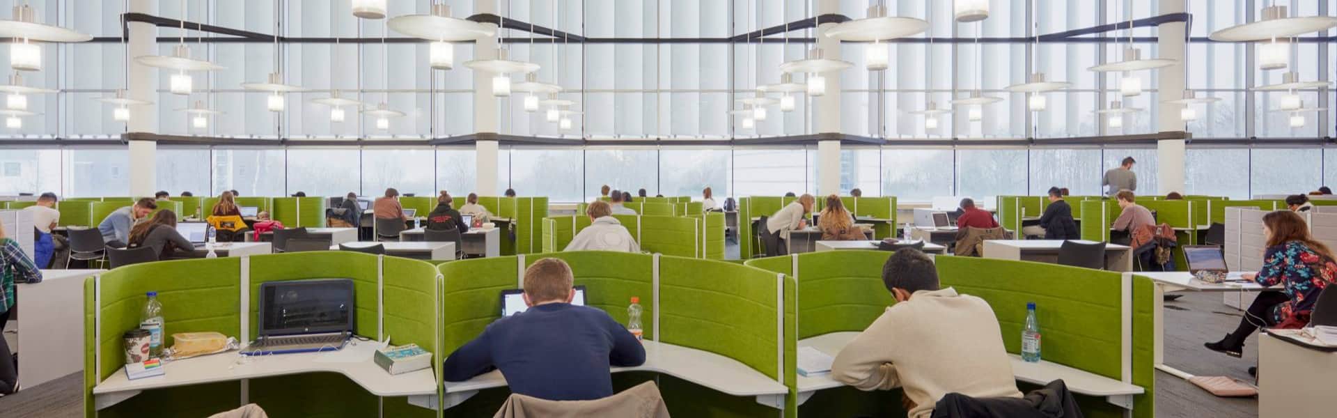 Rows of students studying in the library in green study pods
